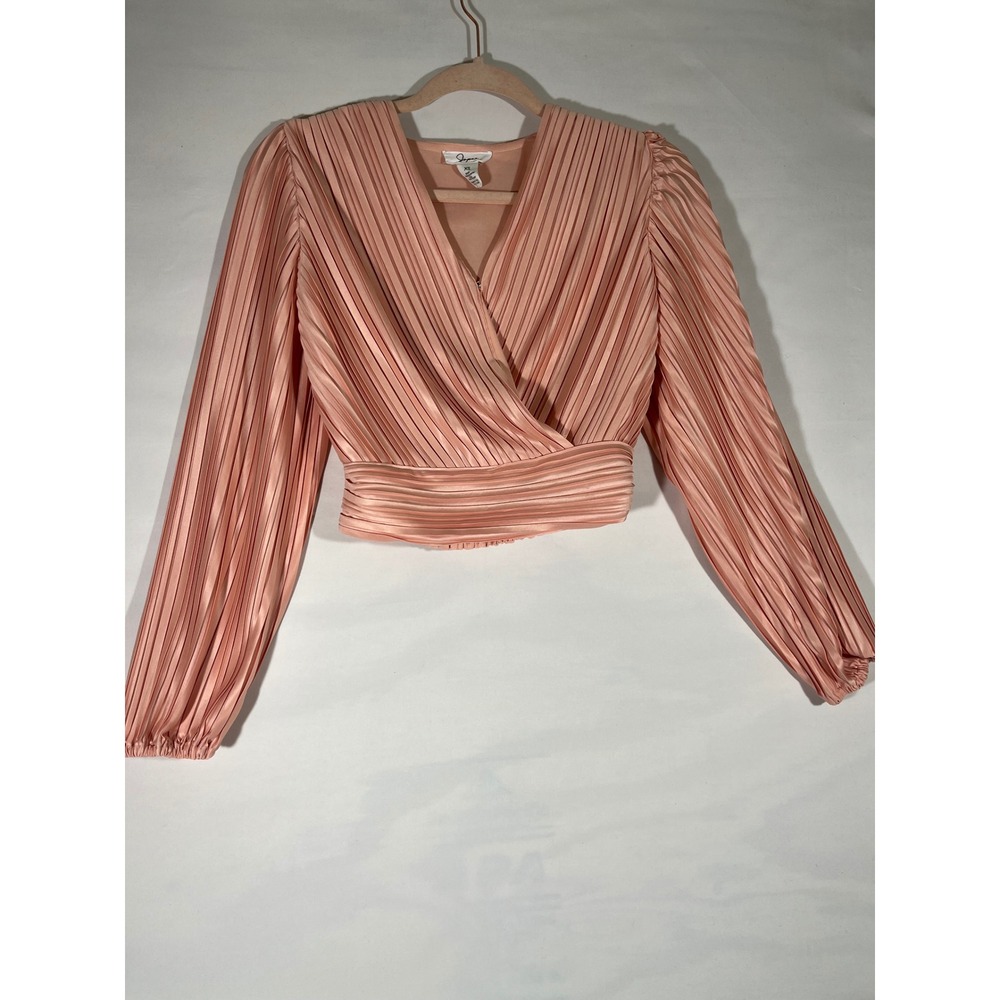 Japana Pleated Faux Wrap Peplum Women Blouse Crop V Neck Elastic Waist Peach XS